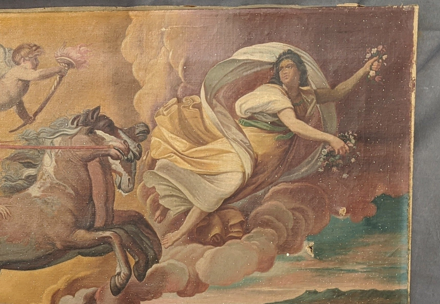 OIL PAINTING OF ANTIQUE CHARIOT AND PEOPLE
