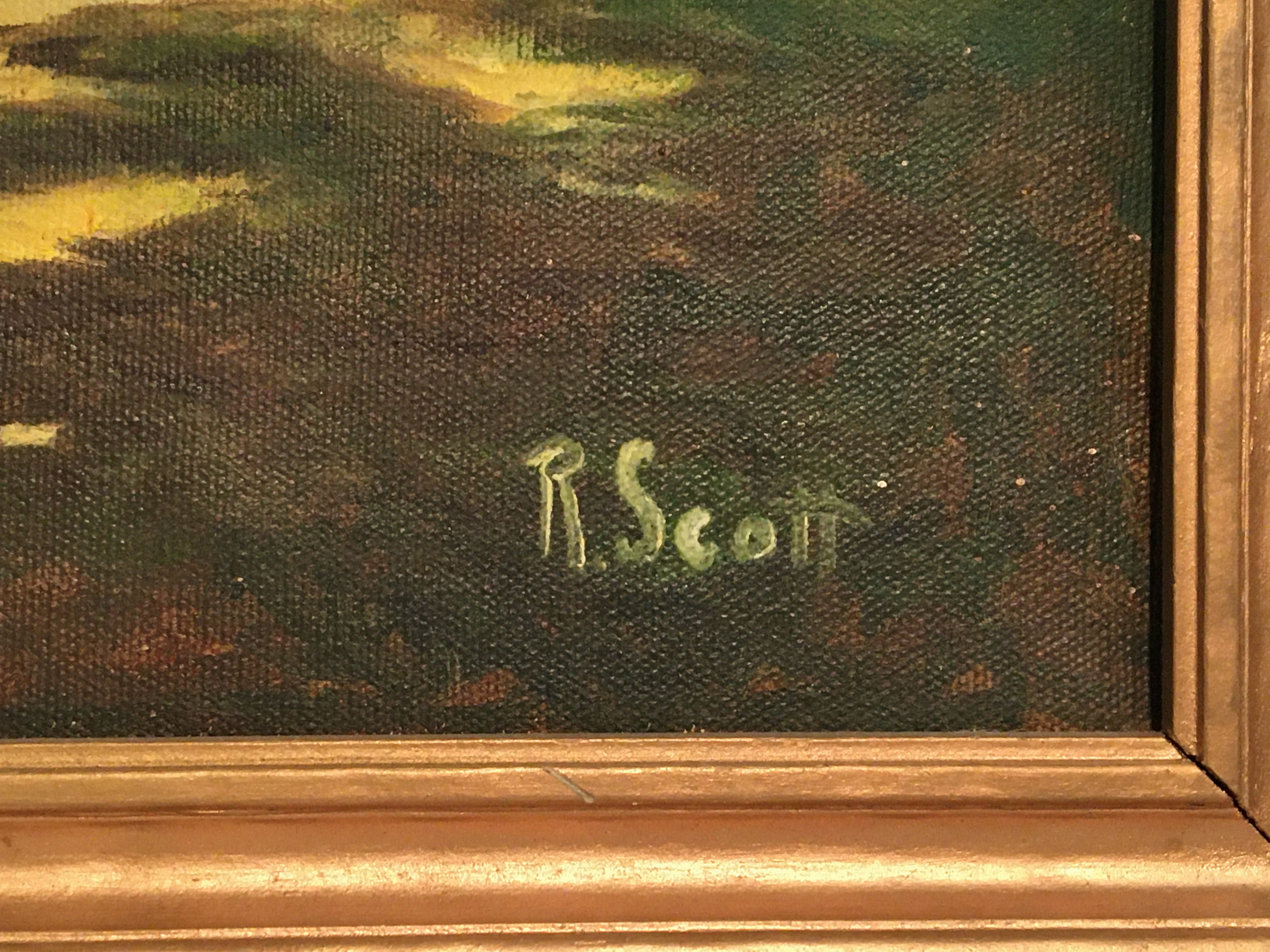 OIL PAINTING OF BOATS IN THE SUNSET BY R. SCOTT