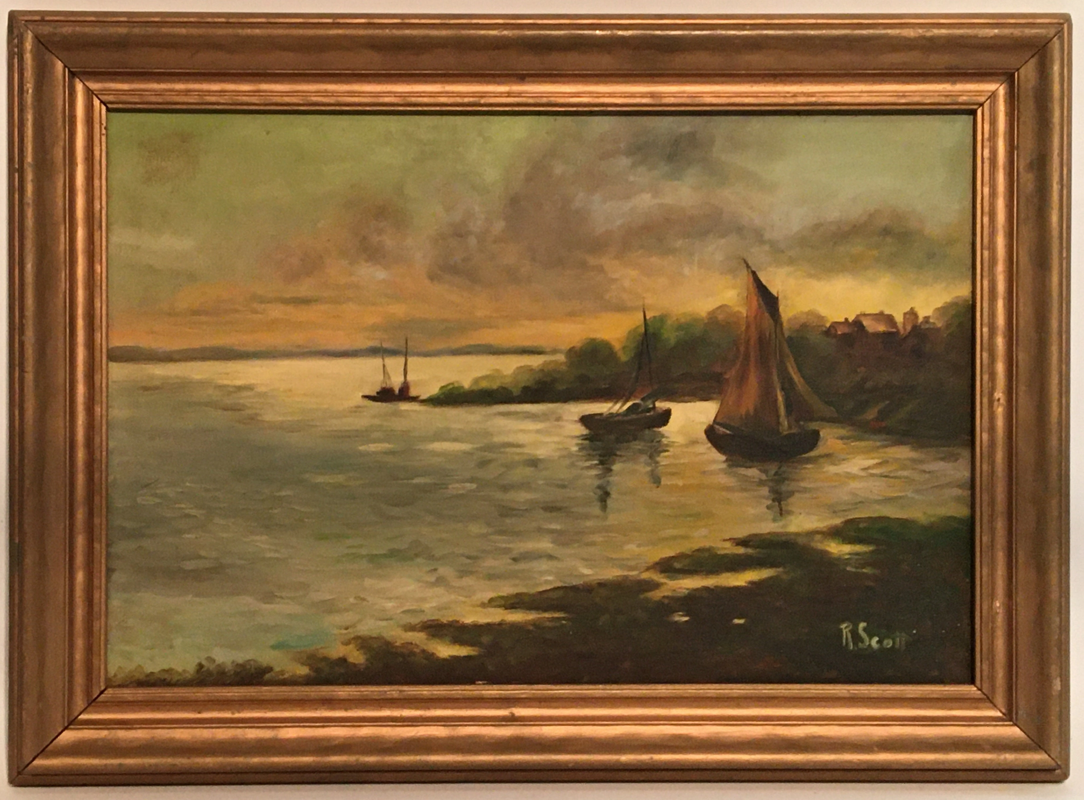 OIL PAINTING OF BOATS IN THE SUNSET BY R. SCOTT classic mural painting