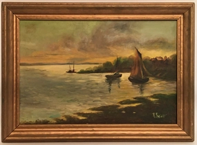OIL PAINTING OF BOATS IN THE SUNSET BY R. SCOTT classic mural painting