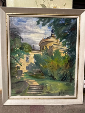 OIL PAINTING OF BUILDING AND TREES SIGNED classic mural painting