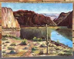 OIL PAINTING OF BUTTES BY A LAKE BY JAMES C WRIGHT 1966 classic mural painting
