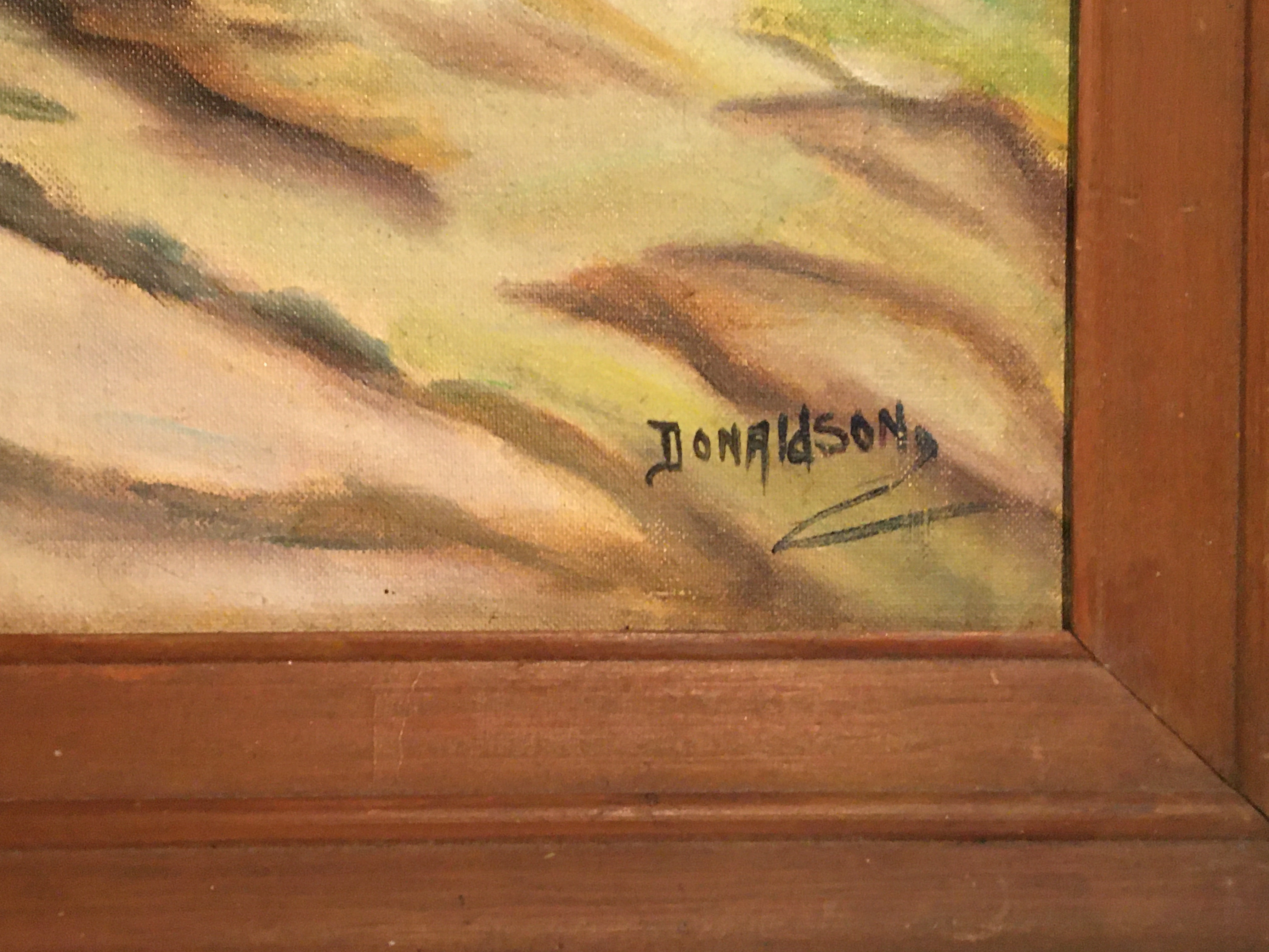 OIL PAINTING OF CABINS IN TREES DONALDSON