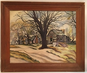 OIL PAINTING OF CABINS IN TREES DONALDSON classic mural painting