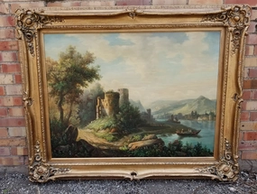 OIL PAINTING OF CASTLE RUINS WITH A BOAT ON A LAKE-NOT OLD classic mural painting