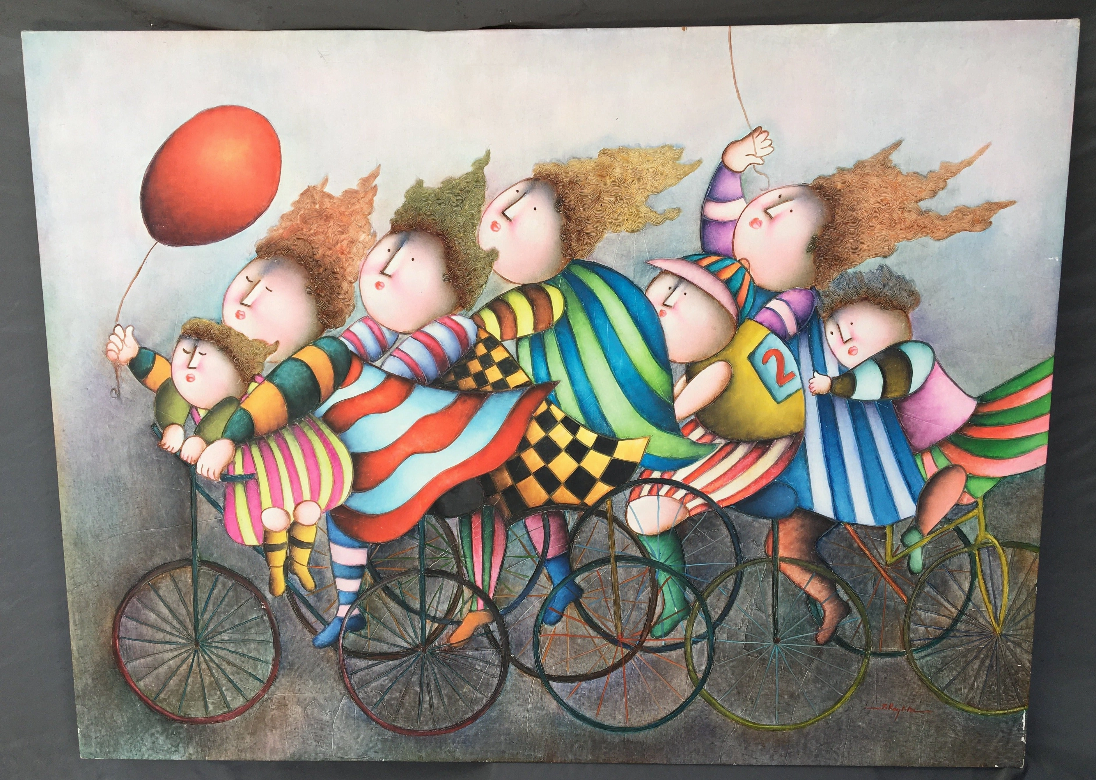 OIL PAINTING OF CHILDREN ON BIKE classic mural painting