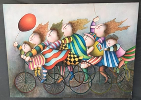 OIL PAINTING OF CHILDREN ON BIKE classic mural painting