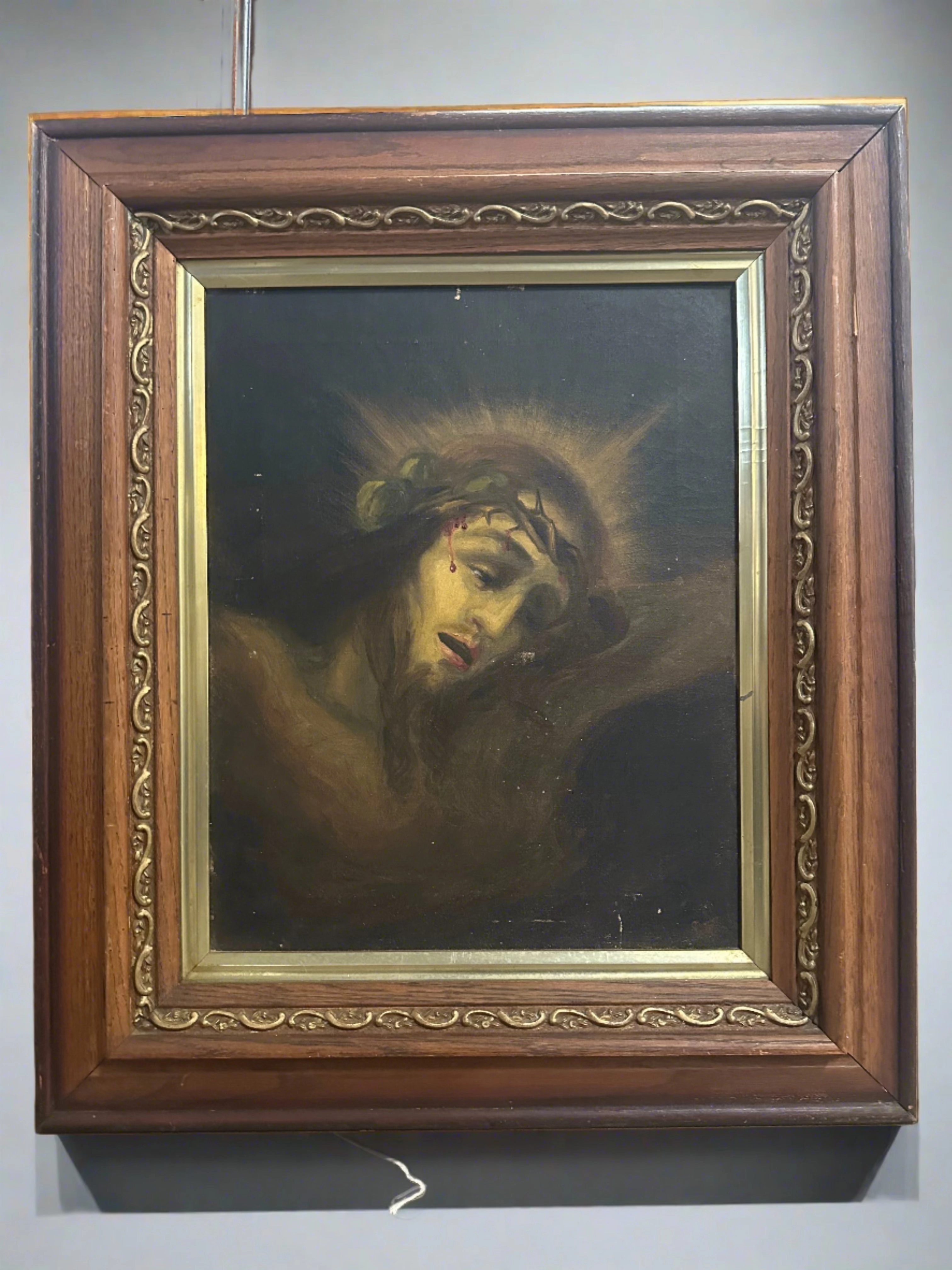 OIL PAINTING OF CHRIST IN OAK FRAME classic mural painting