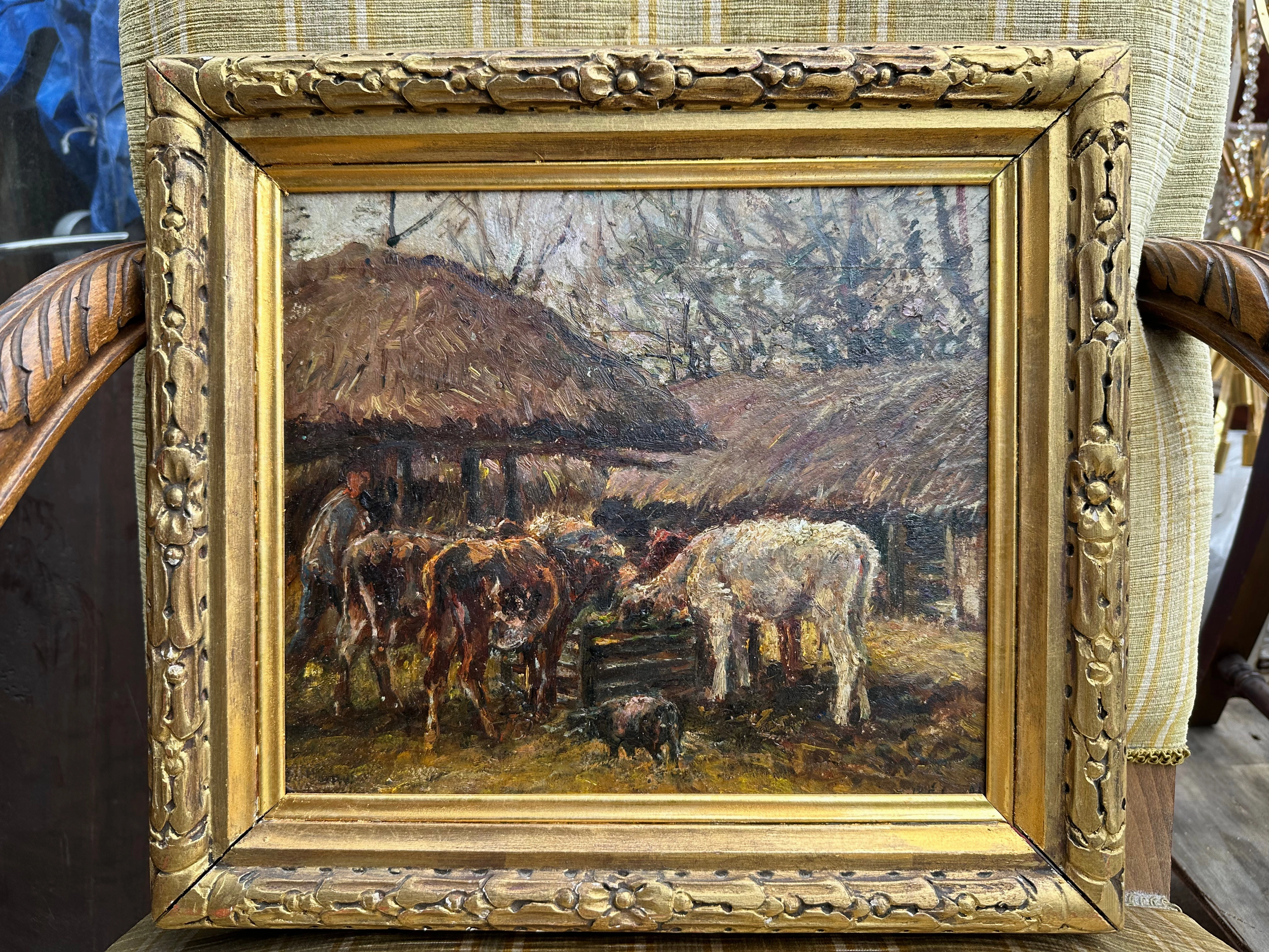 OIL PAINTING OF COWS  AT THE TROUGH-SIGNED classic mural painting