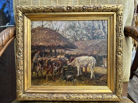 OIL PAINTING OF COWS  AT THE TROUGH-SIGNED classic mural painting