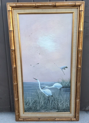 OIL PAINTING OF CRANES IN FAUX BAMBOO FRAME classic mural painting