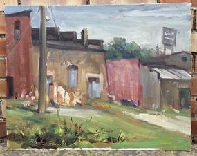 OIL PAINTING OF FAIRFIELD TX STORES - UNFRAMED SIGNED RF classic mural painting