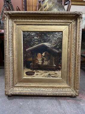 OIL PAINTING OF GIRL WITH DOG BY J.H. SHARP 1883 classic mural painting