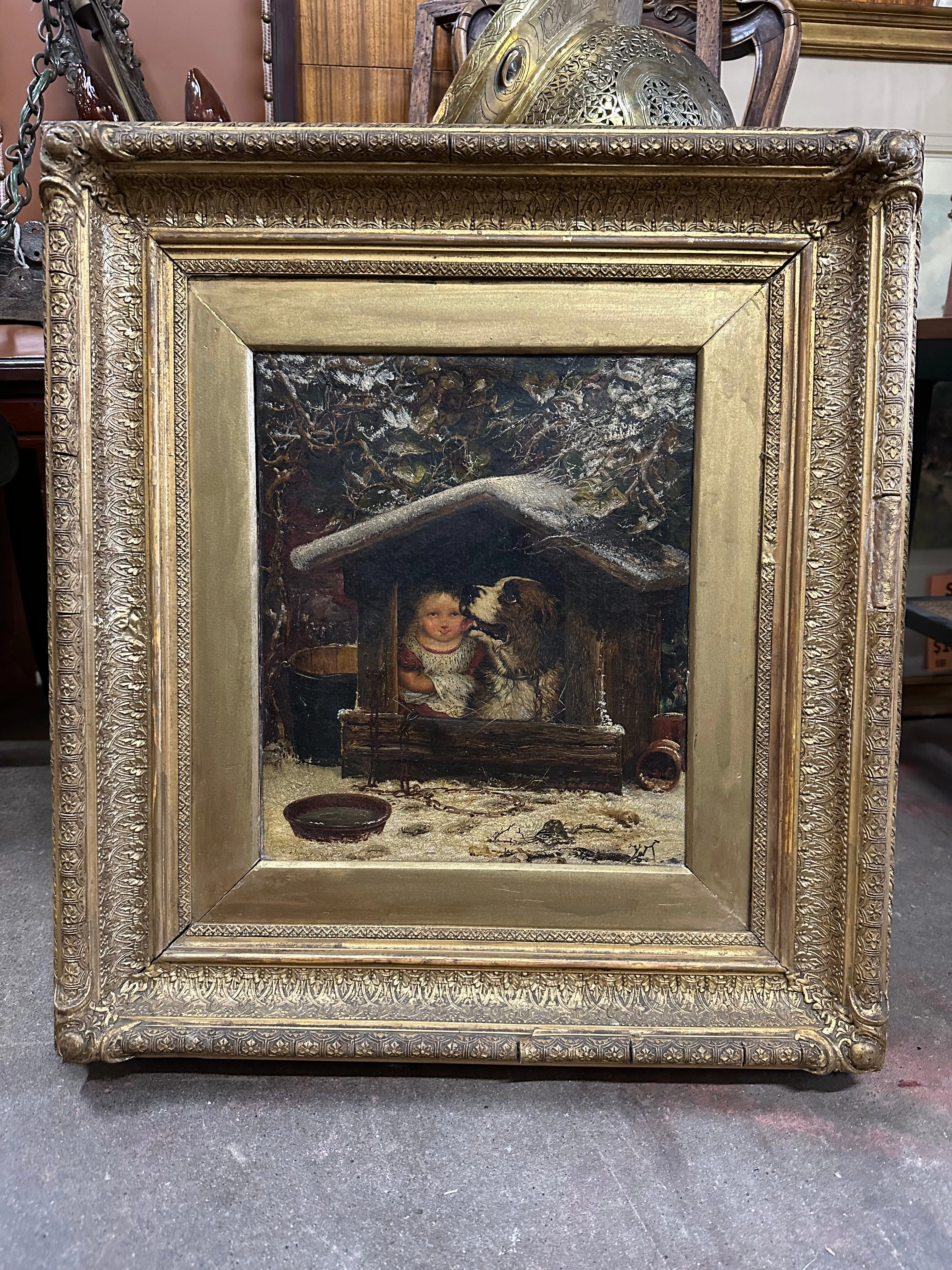 OIL PAINTING OF GIRL WITH DOG BY J.H. SHARP 1883 classic mural painting
