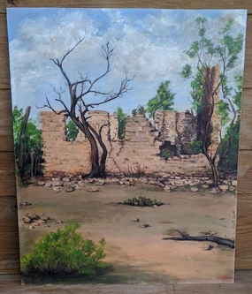 OIL PAINTING OF HOUSE RUINS ON BOARD classic mural painting