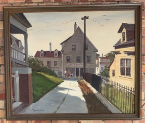 OIL PAINTING OF ICE CREAM SHOP TOWN SCENE BY CHARLES KINGHAM classic mural painting