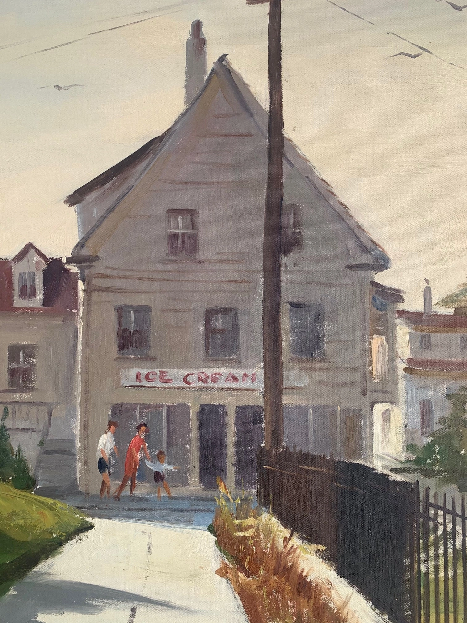 OIL PAINTING OF ICE CREAM SHOP TOWN SCENE BY CHARLES KINGHAM