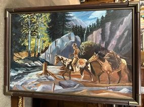 OIL PAINTING OF INDIAN ON HORSEBACK BY G. GAMEL classic mural painting