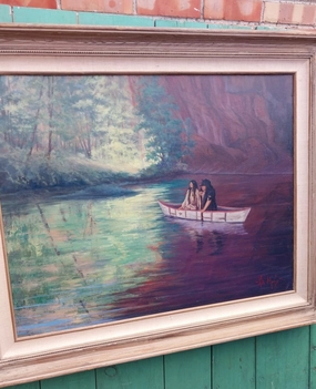 OIL PAINTING OF INDIANS IN A CANOE BY RITA MORRIS classic mural painting