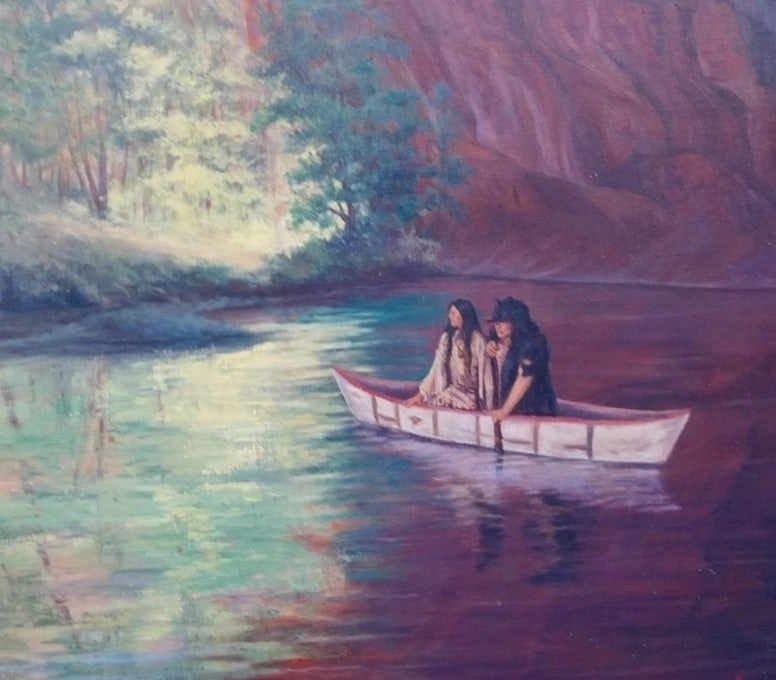 OIL PAINTING OF INDIANS IN A CANOE BY RITA MORRIS