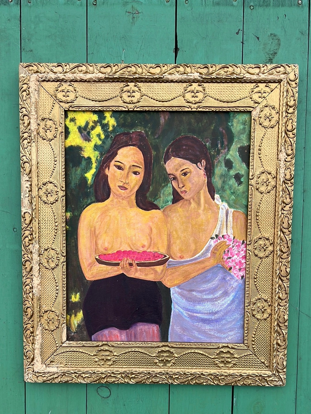OIL PAINTING OF ISLAND GIRLS AFTER GAUGIN IN GOLD FRAME classic mural painting