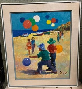 OIL PAINTING OF KIDS ON BEACH WITH BEACH BALLS classic mural painting