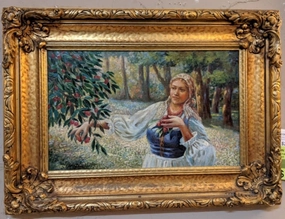 OIL PAINTING OF MAIDEN PICKING FRUIT IN ORNATE FRAME classic mural painting