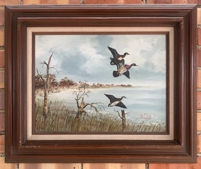 OIL PAINTING OF MALLARDS FLYING BY B. HEARD classic mural painting