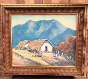 OIL PAINTING OF MEXICAN HUTS BY THE MOUNTAINS BY HARDY MARTIN classic mural painting