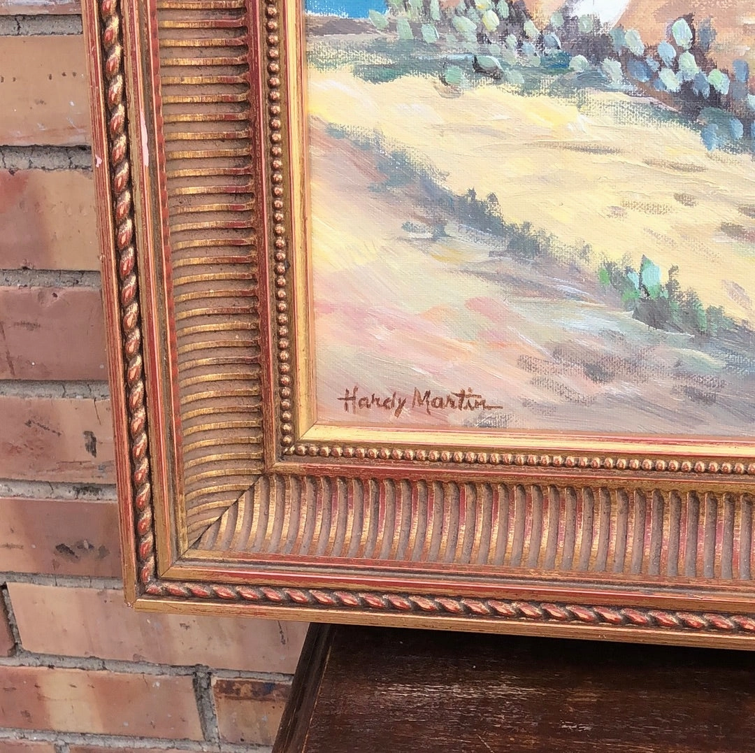 OIL PAINTING OF MEXICAN HUTS BY THE MOUNTAINS BY HARDY MARTIN