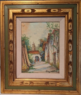 OIL PAINTING OF MISSION CALIFORNIA BY RUBY C. DOBESK classic mural painting
