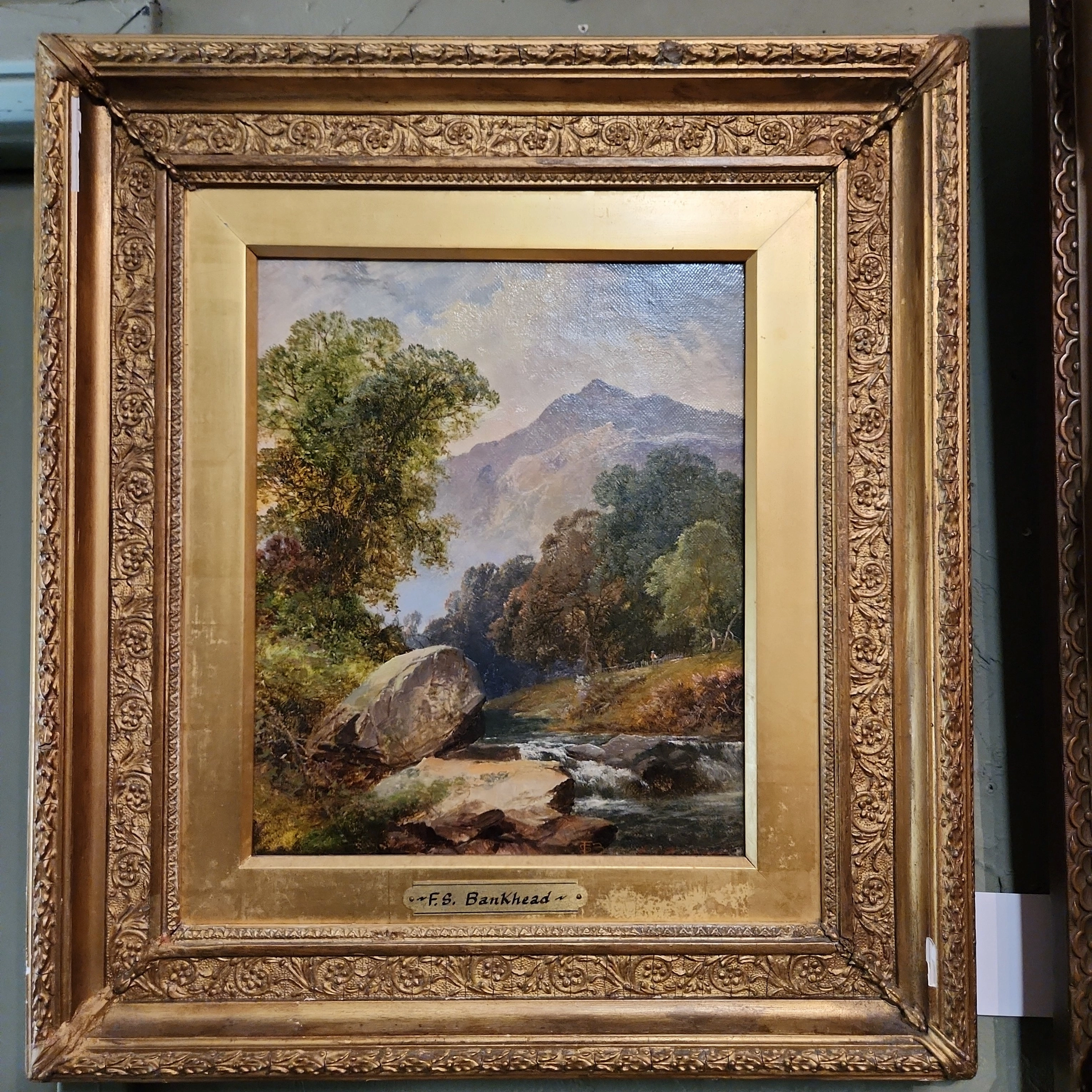 OIL PAINTING OF MOUNTAIN & STREAM WITH BOULDERS BY F.S. BANKHEAD classic mural painting