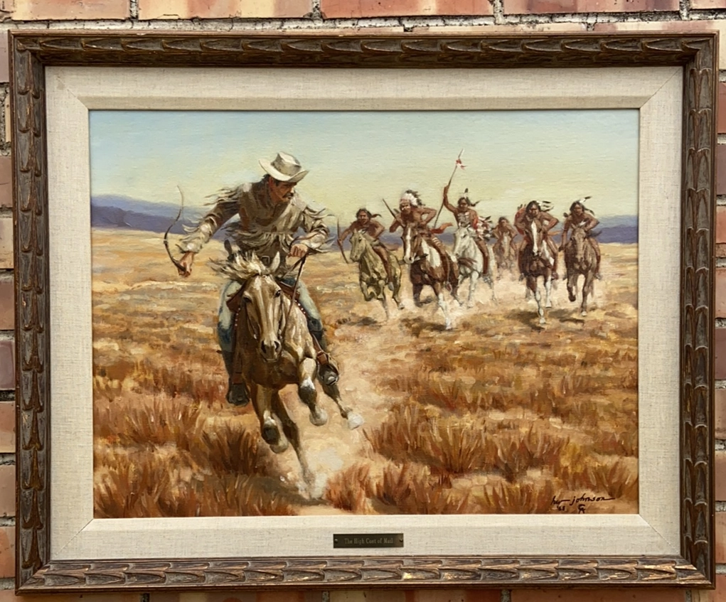 OIL PAINTING OF NATIVE AMERICAN INDIANS CHASING COWBOY SIGNED HARVEY JOHNSON 1968 classic mural painting