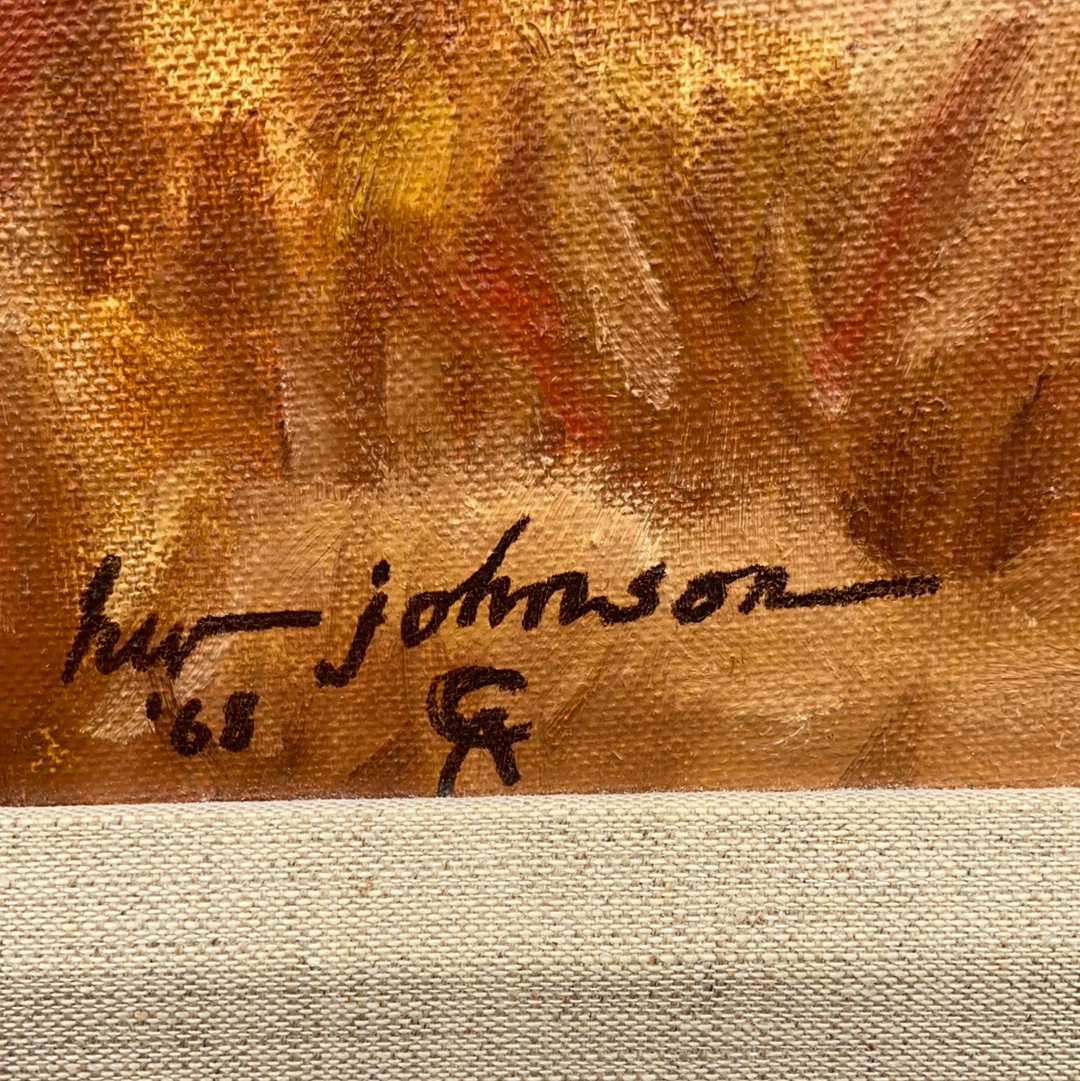OIL PAINTING OF NATIVE AMERICAN INDIANS CHASING COWBOY SIGNED HARVEY JOHNSON 1968