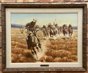 OIL PAINTING OF NATIVE AMERICAN INDIANS CHASING COWBOY SIGNED HARVEY JOHNSON 1968 classic mural painting