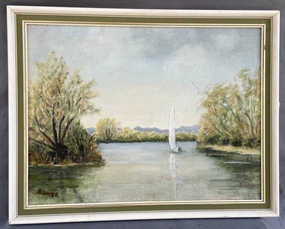 OIL PAINTING OF SAIL BOAT ON LAKE classic mural painting