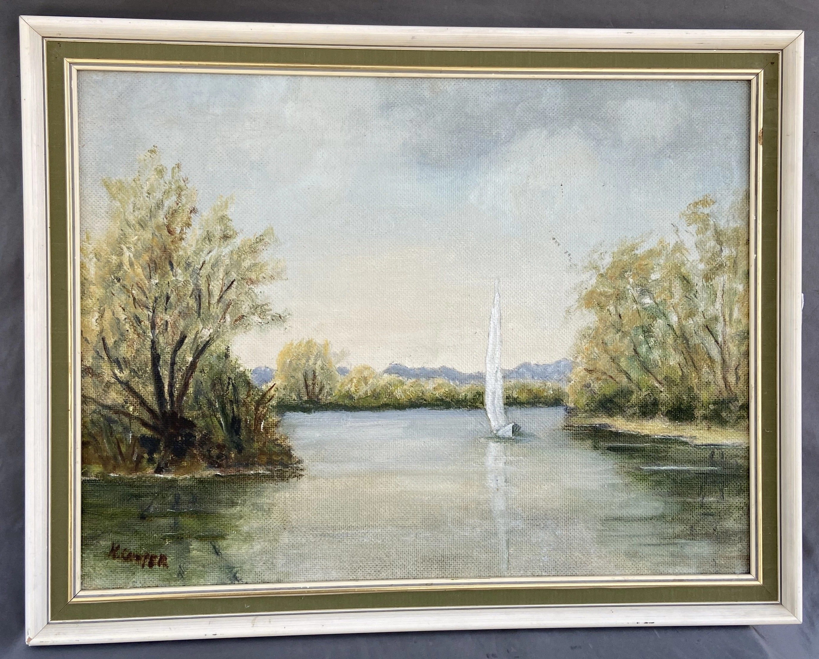 OIL PAINTING OF SAIL BOAT ON LAKE classic mural painting