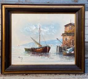 OIL PAINTING OF SAILBOAT IN HARBOR BY MARKAY classic mural painting