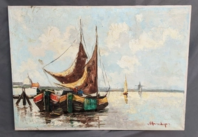 OIL PAINTING OF SAILING SHIPS IN THE HARBOR classic mural painting
