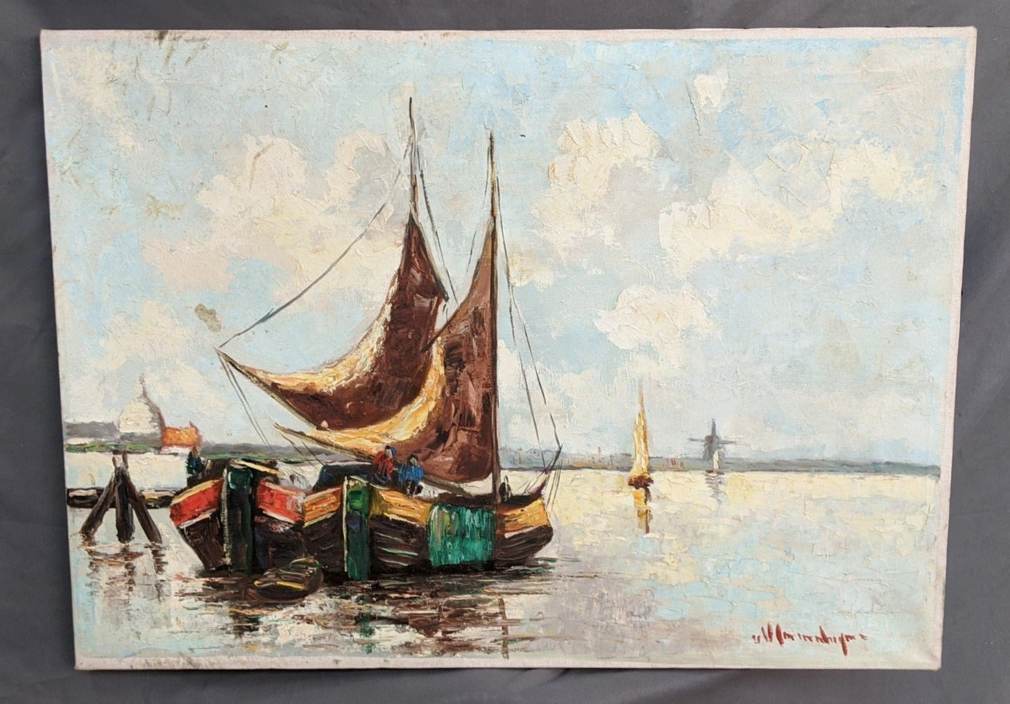 OIL PAINTING OF SAILING SHIPS IN THE HARBOR classic mural painting