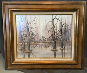 OIL PAINTING OF SCENE OF DUCKS FLYING OVER SWAMP BY FOREMAN classic mural painting