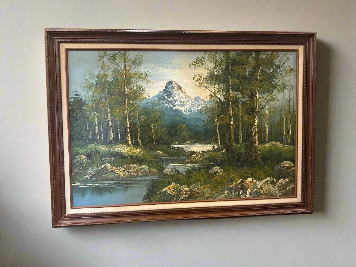OIL PAINTING OF SNOW TOPPED MOUNTAIN WITH STREAM BY S WHITMAN classic mural painting