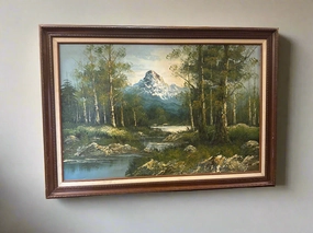 OIL PAINTING OF SNOW TOPPED MOUNTAIN WITH STREAM BY S WHITMAN classic mural painting