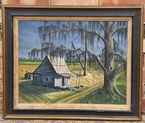 OIL PAINTING OF SUGAR CANE PLANTATION WITH SHACK SIGNED BY MARVIN DUBOS classic mural painting