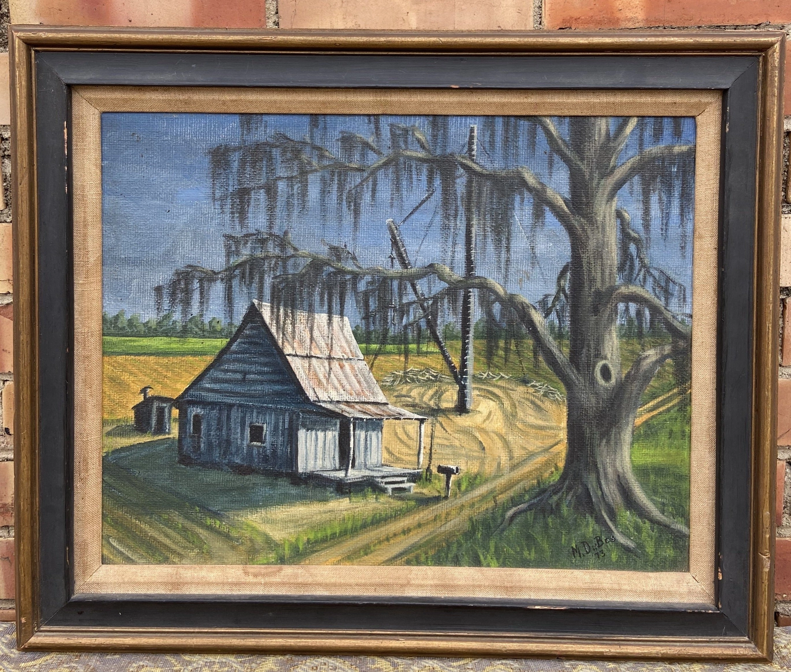 OIL PAINTING OF SUGAR CANE PLANTATION WITH SHACK SIGNED BY MARVIN DUBOS classic mural painting
