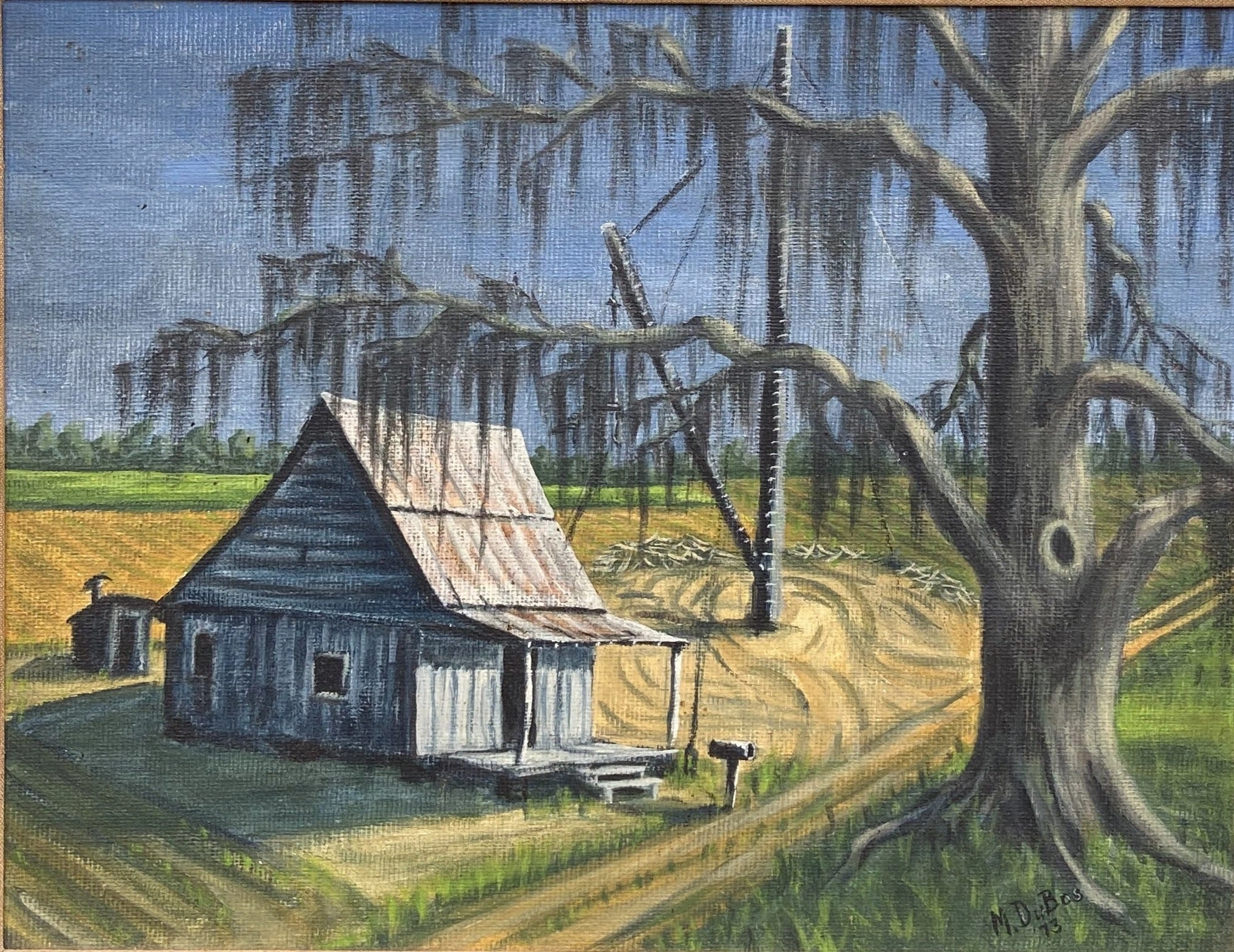 OIL PAINTING OF SUGAR CANE PLANTATION WITH SHACK SIGNED BY MARVIN DUBOS