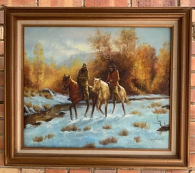 OIL PAINTING OF TEXAS SCENE WITH COWBOYS ON HORSES classic mural painting