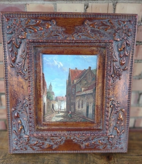 OIL PAINTING OF VILLAGE STREET IN ROSE GOLD FRAME classic mural painting