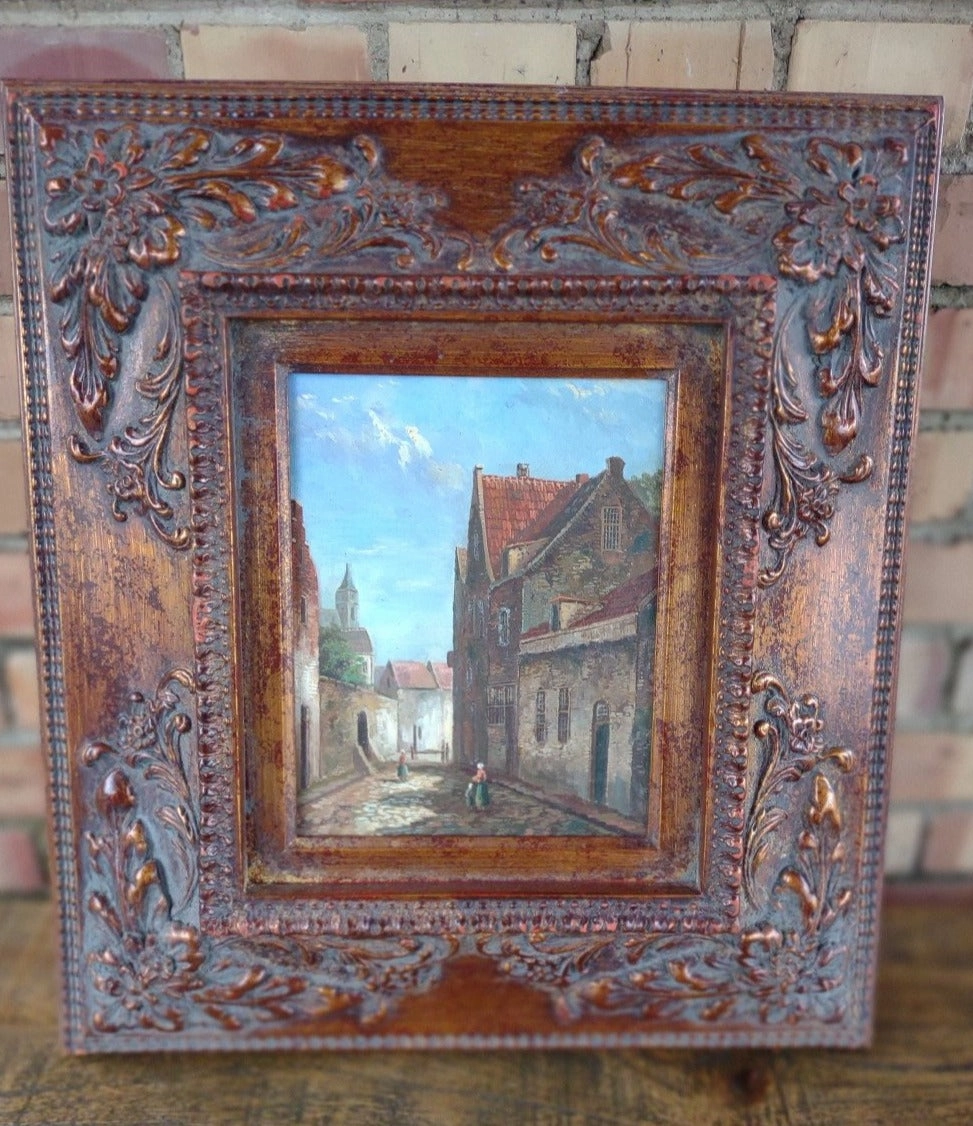 OIL PAINTING OF VILLAGE STREET IN ROSE GOLD FRAME classic mural painting