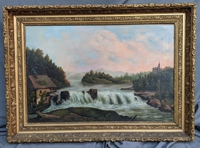 OIL PAINTING OF WATERFALL AND WATERMILL classic mural painting